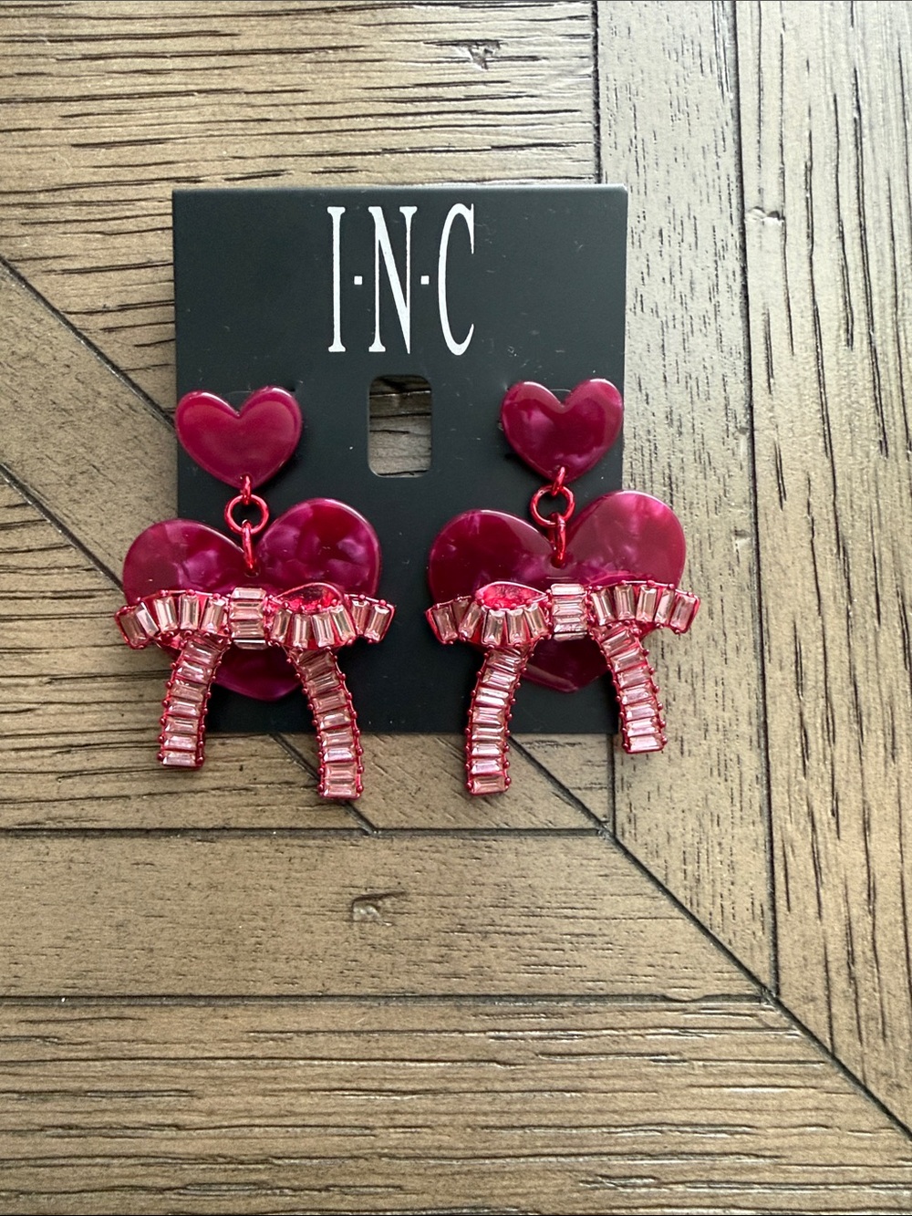 INC Red and Pink Bow Heart Stud Earrings - Shiny Red Accent